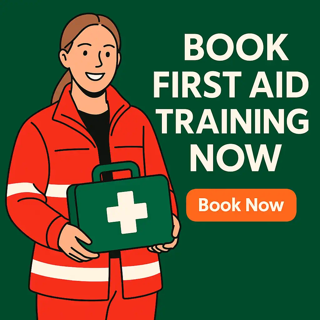 a woman holding a first aid kit and text book first aid training now