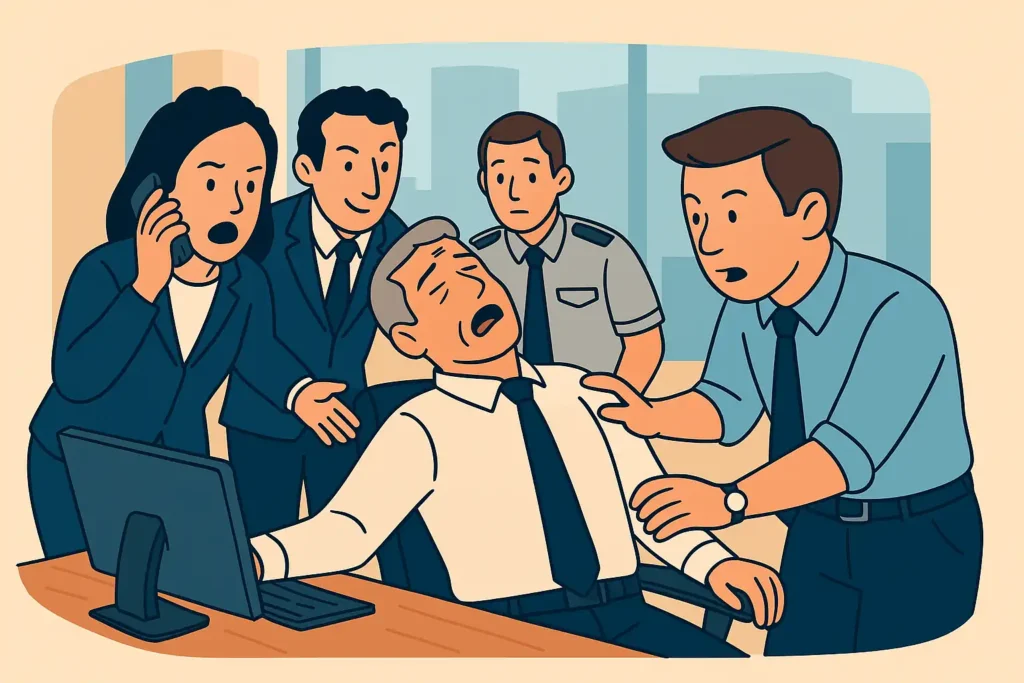 Office emergency scene: Colleagues and uniformed personnel attend to unconscious man in chair