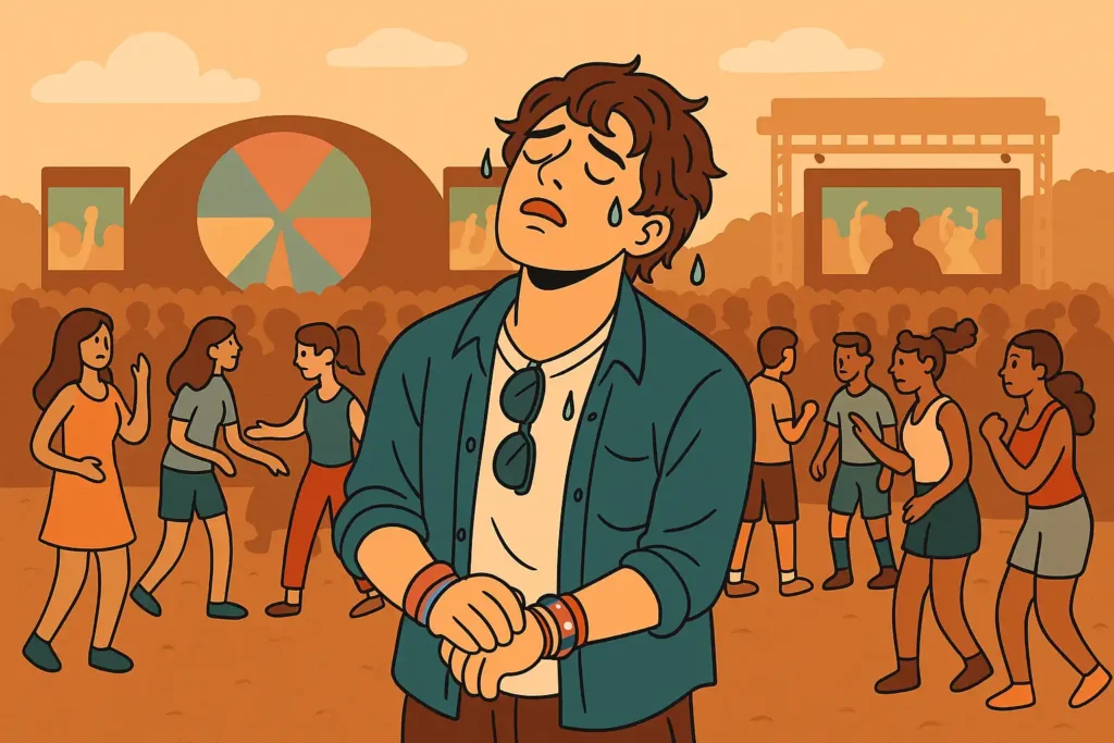 a young man is about to faint at splendour in the grass music festival australia