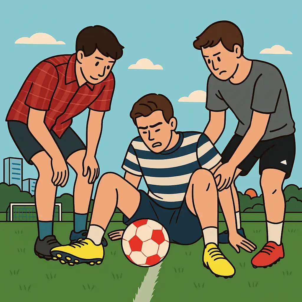 a young man struggling with a sprained ankle on a soccer field in Brisbane. Surrounding him arehis concerned friends, ready to help.