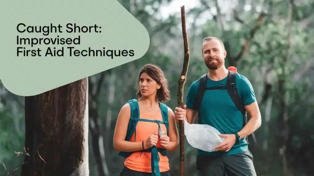 blog cover image of two wilderness hikers and the text caught short improvised first aid techniques