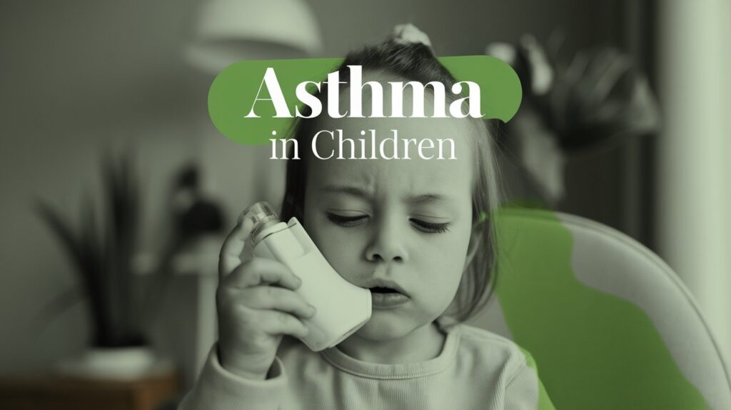 blog image of a child with an inhaler and the text "Asthma in Children"