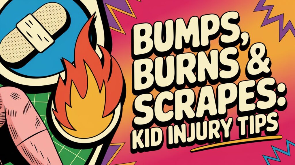 There are three close-up icons: a bandage, flame, and scraped knee, each in a dynamic comic-book style. The text reads: "Bumps, Burns & Scrapes: Kid Injury Tips