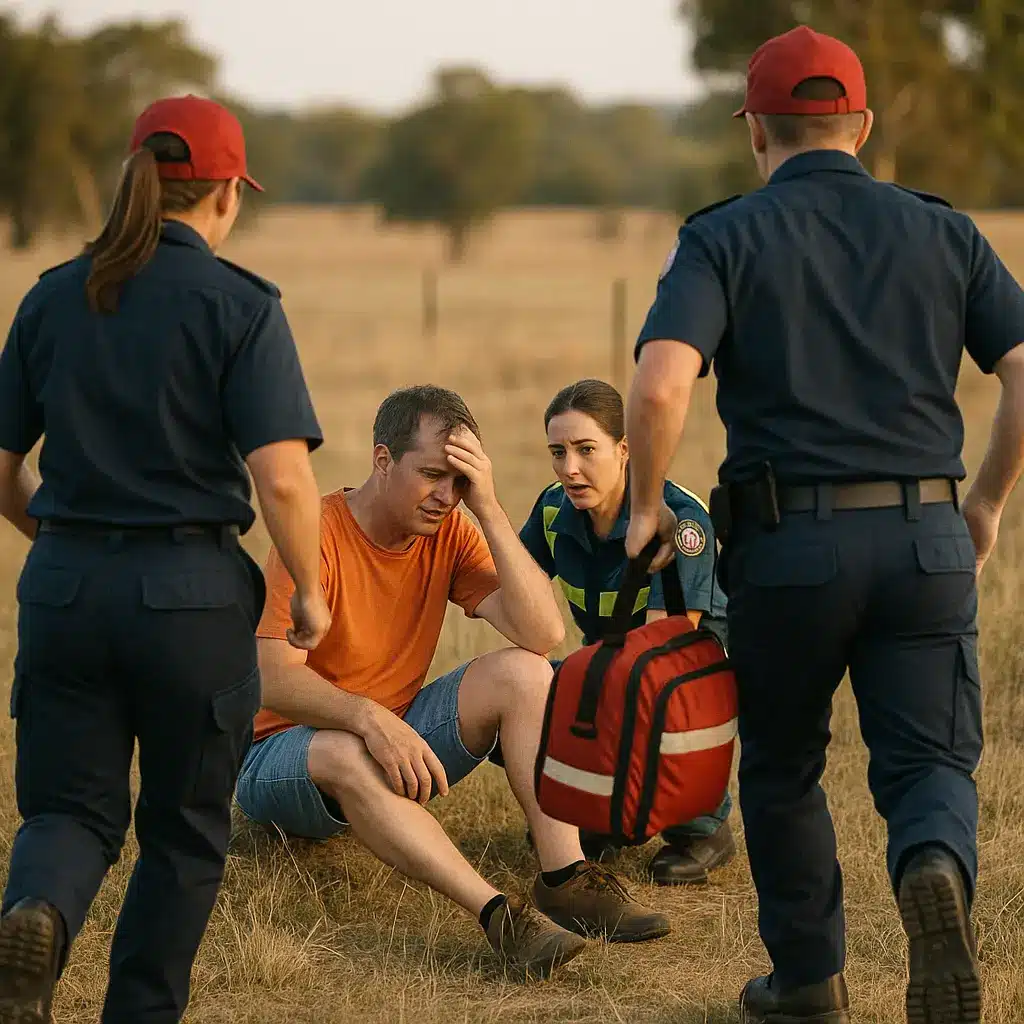 ambulance officers arrive to help a dehydrated man