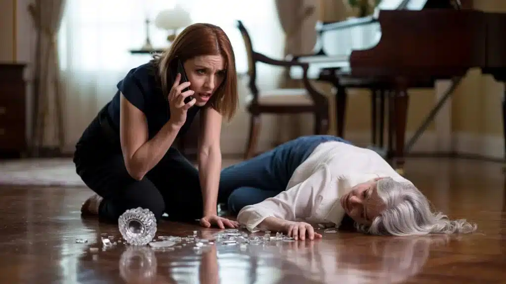 woman provides elderly woman with first aid for falls 