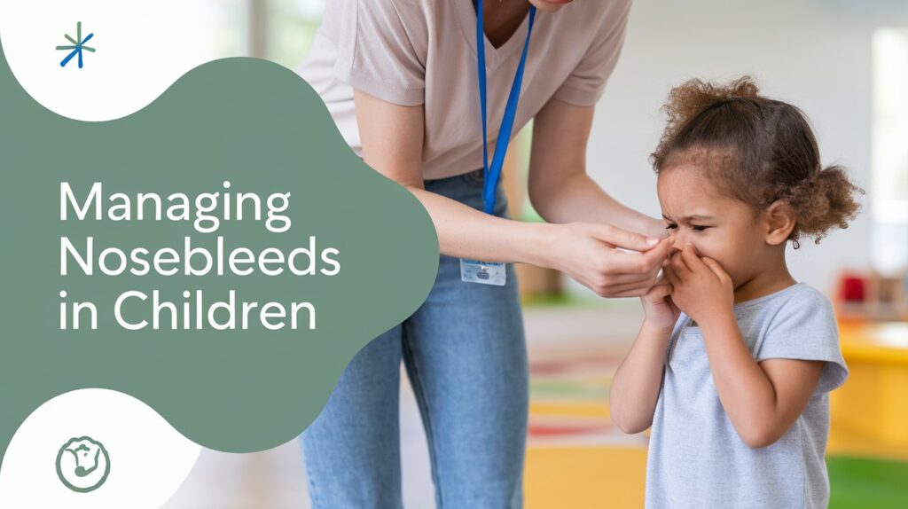 blog post cover managing nosebleeds in children and a child at a daycare centre getting a nosebleed looked at