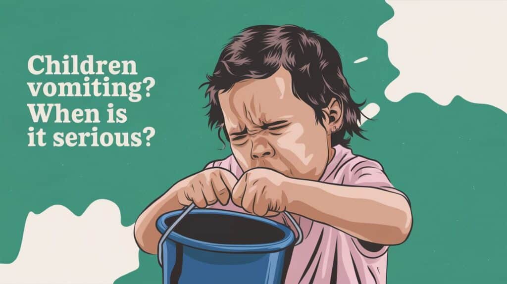 blog cover with tet vomiting in children and a child vomiting into a bucket