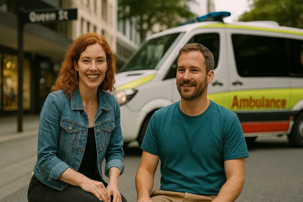 a man and woman sitting on the street in front of ambulance