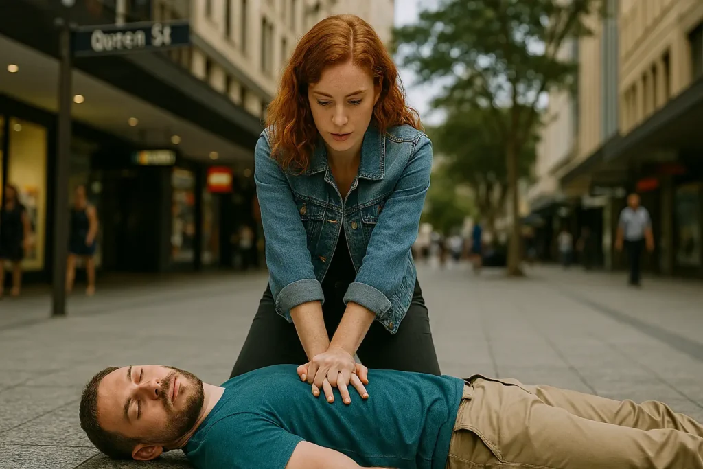 woman gives cpr to a man